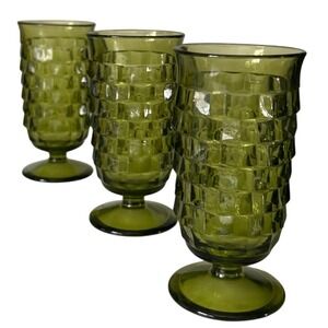 Indiana Glass Olive Green Goblets Whitehall Cube Pattern Footed Tumblers Set/3